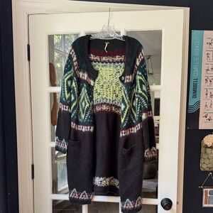 Free People Black and Green Geometric Cardigan